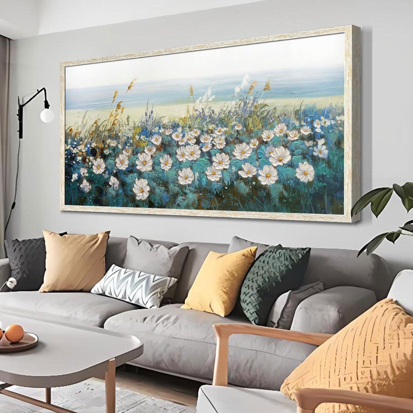 Arjun Flowers Wall Art Canvas White Daisy Floral Painting Blue Coastal Landscape Turquoise Floral Scenery Picture Artwork for Living Room Bedroom Office Home Wall Decor, Framed Extra Large 58"x29"