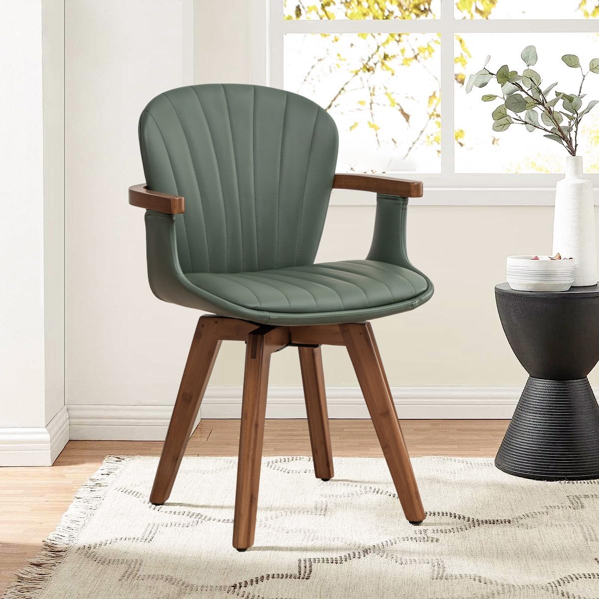 LUNLING Swivel Dining Chairs, Mid Century Modern Green Faux Leather Kitchen Chairs with Arms,Bamboo Legs Side Chairs No Wheels,Accent Chair for Dining Rooms and Offices,1PCS