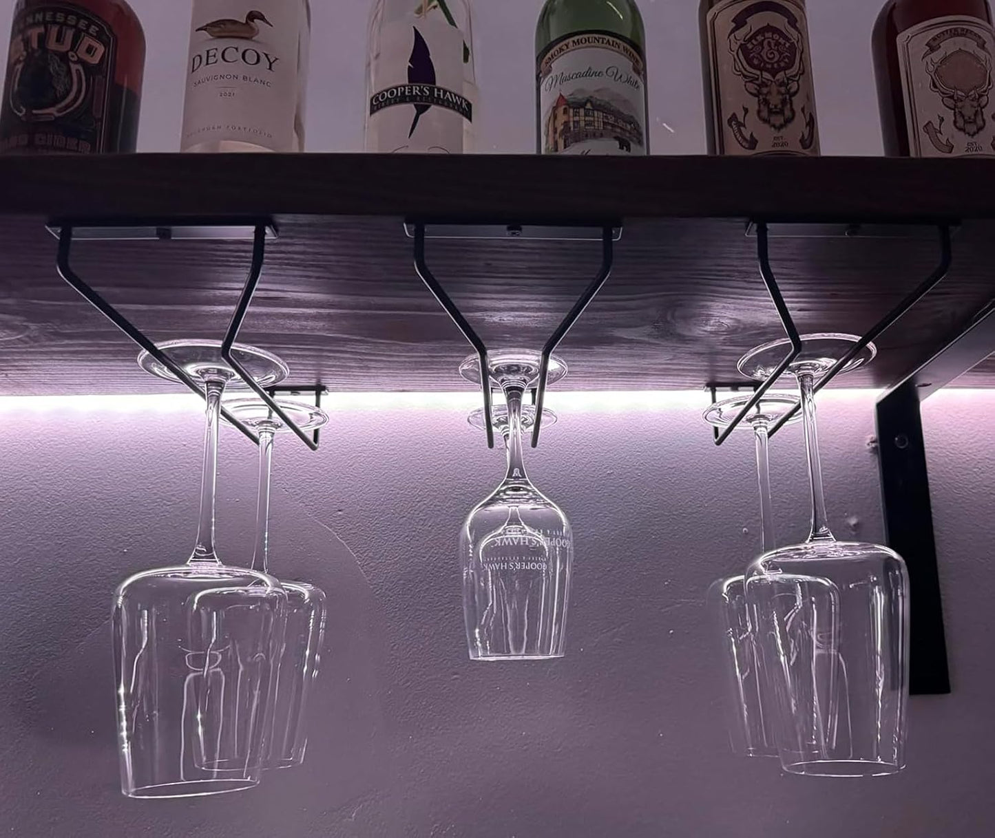 7 Inch Black Wine Glass Rack, Under Cabinet Wine Glass Holder, Wine Glass Hangers Under Shelf, Stemware Rack, Hanging Stemware Holder for Cabinet Kitchen Bar, Set of 4