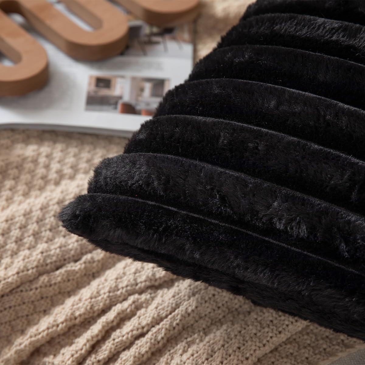 DEELAND Pack of 2,Double-Sided Faux Fur Plush Decorative Throw Pillow Covers Fuzzy Striped Soft Pillowcase Cushion Covers for Sofa Couch Bedroom Black 22x22 inch
