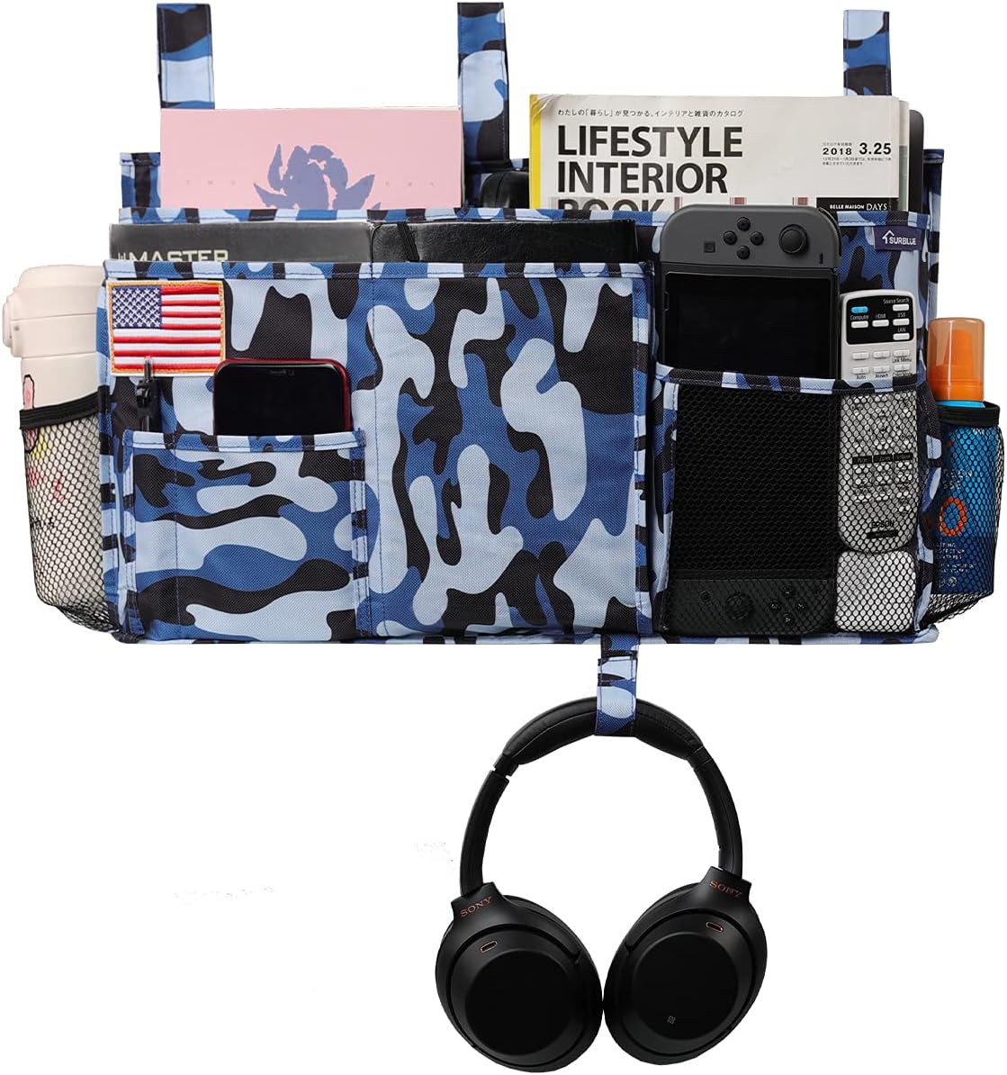 Surblue Bedside Caddy Hanging Organizer Storage Bag Pocket for Bunk, Hospital, College Dorm Rooms, Baby Bed Rails, Camp - 8 Pockets, Large, Ocean