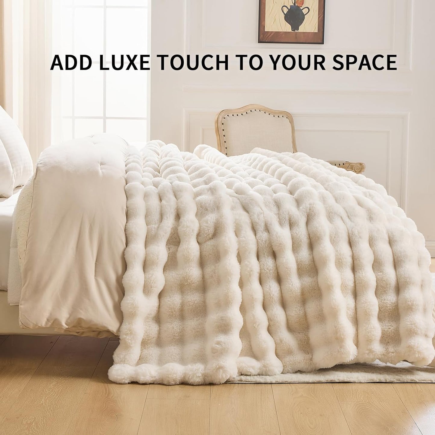 Cozy Faux Fur Throw Blanket for Bed-Warm Fuzzy Throw Blanket, Soft Plush Thick Bubble Blankets for Bedroom and Living Room, Furry Luxury Blanket, 60 x 80, Cream