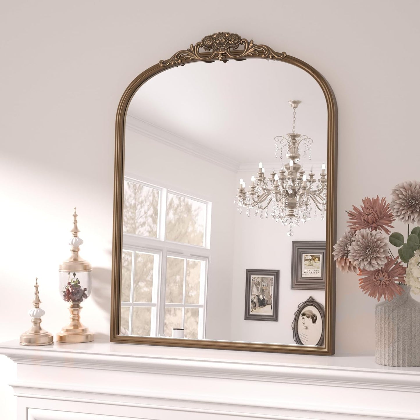 Keonjinn Brass Vintage Arched Mirror for Wall, 24" x 30" Antique Gold Mirrors with Metal Frame, Baroque Style Decoration for Mantle, Bathroom, Living Room, Fireplace, Bedroom, French Cleat Mounting