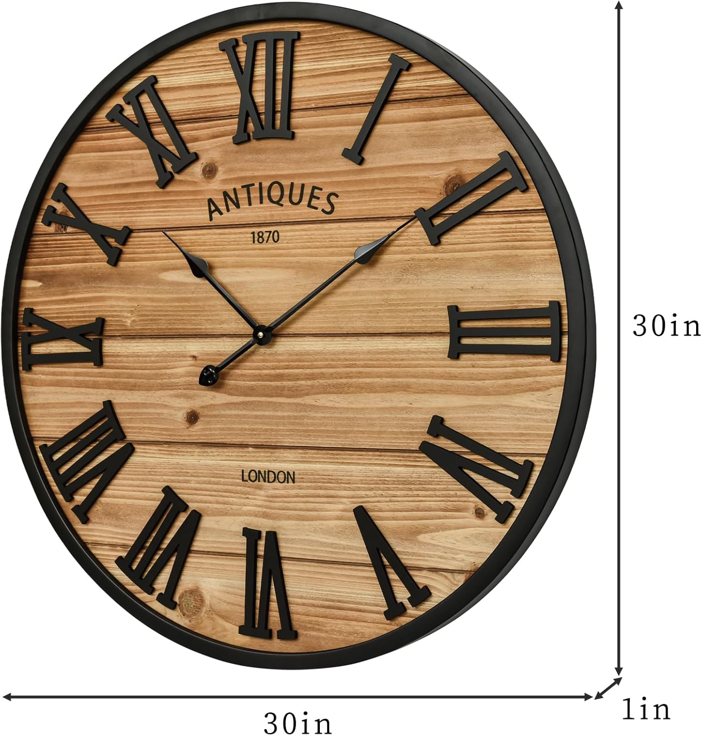 30 Inch Farmhouse Wall Clock - Large Rustic Wood, Silent Sweep, Battery Operated for Living Room Kitchen Office, Brown