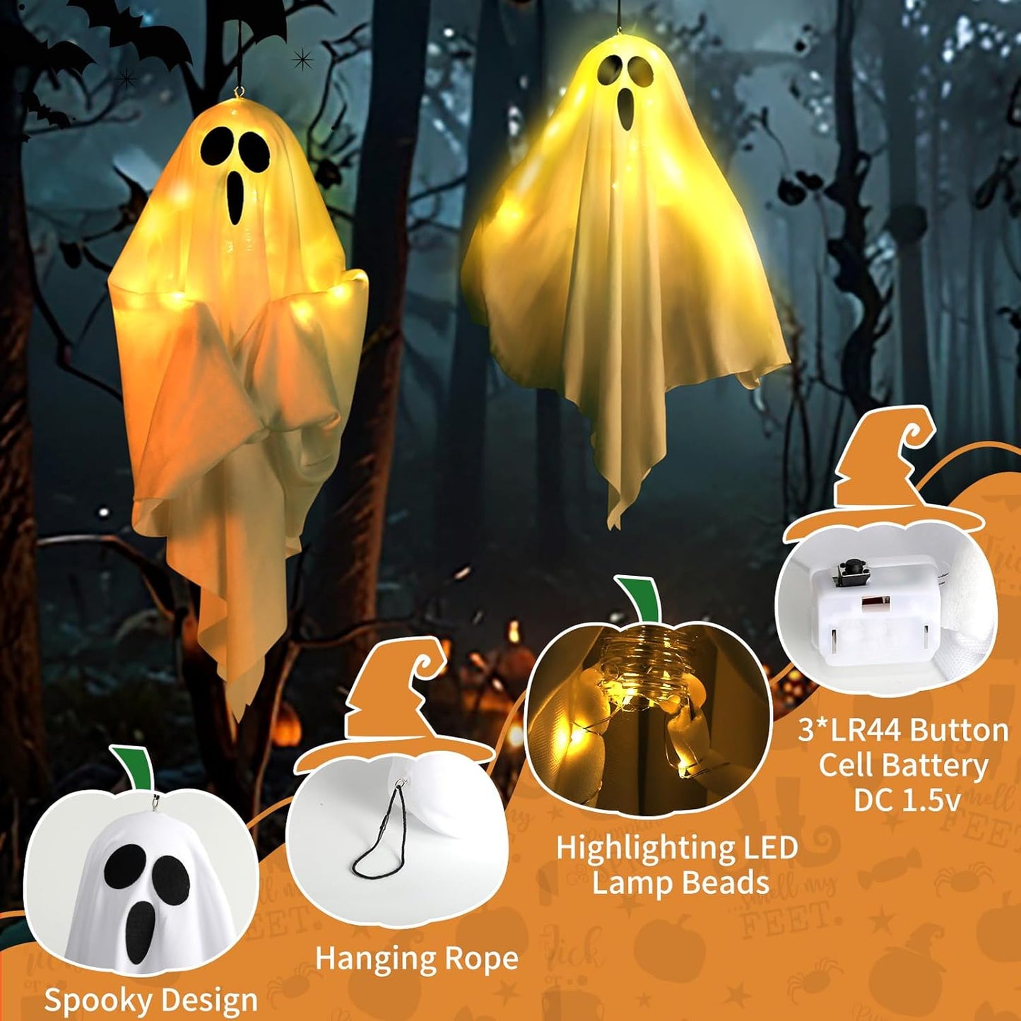 2Packs Hanging Ghosts Halloween Decor, LED Light Up Halloween Ghost Decorations, Spooky Cute Ghost Ornaments for Home Tree Garden Front Porch Yard Fall Party Holiday Decoration Outdoor 19.6", White