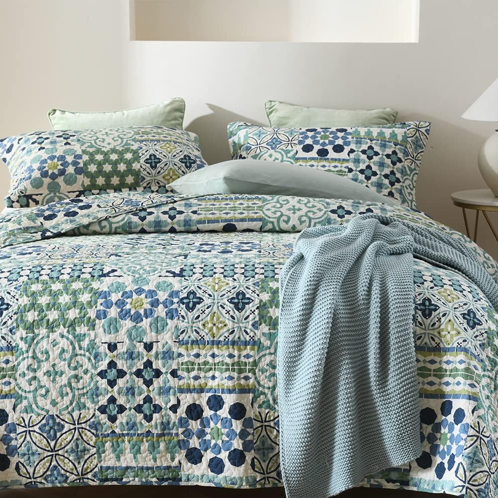 Cotton Bedspread Quilt Sets Reversible Coverlet Sets Comforters Vintage Bohemian Patchwork Bedspread (Green, King Size)