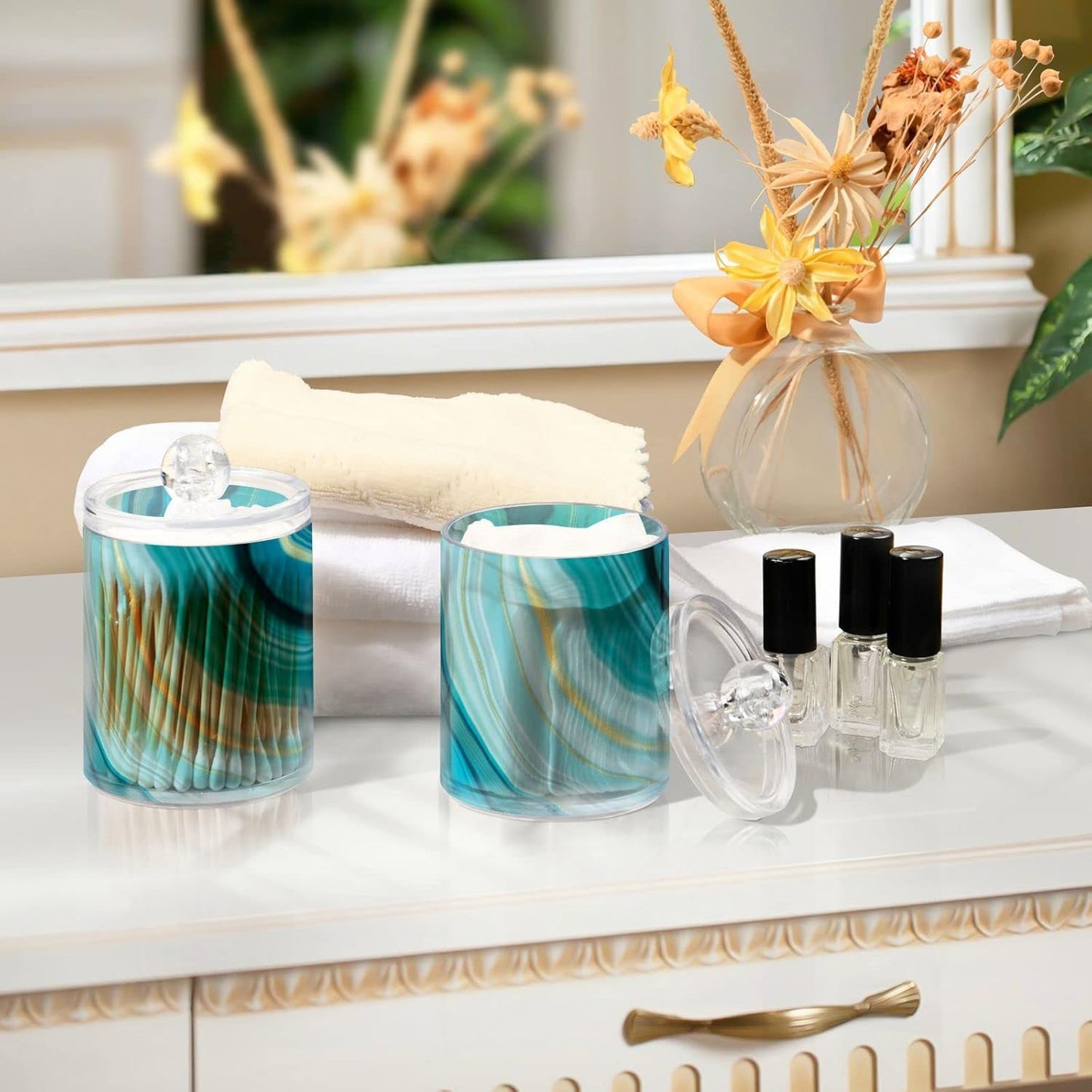2 Pack Qtip Holder Dispenser Teal Turquoise Blue Marble Bathroom Storage Canister Lid Acrylic Plastic Apothecary Jar Set Vanity Makeup Organizer for Cotton Swab/Ball/Round Pads, Floss