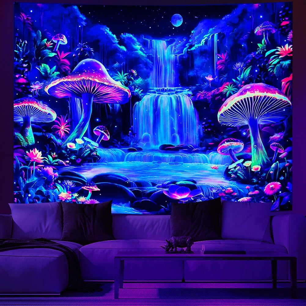 Dermijer Blacklight Tapestry Fantasy Mushroom Forest Tapestries UV Reactive Waterfall Tapestry Moon Night Neon Flower Landscape Wall Hanging for Home Decor L78.7×W59.1