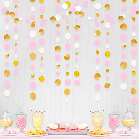 Gold and Pink Party Decorations Circle Dots Garland Metallic Gold Light Pink and White Hanging Polka Dot Streamer for Women Girl Birthday Baby Shower Bridal Shower Wedding Princess Party Supplies