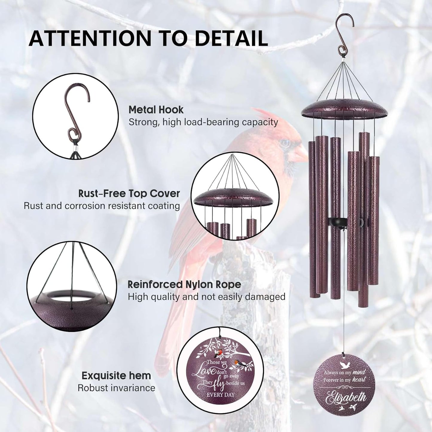 ASTARIN 36" Large Deep Tone Personalized Name Sympathy Wind Chimes, Cardinal Memorial Wind Chime for Loss of Mother Father Loved One, Bereavement Condolence Gifts Decor Outdoor Patio Garden