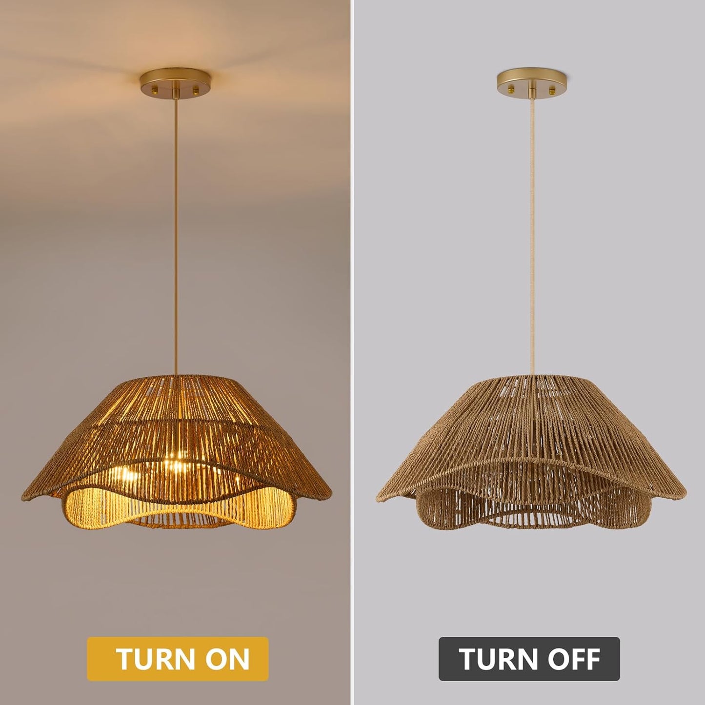 19.68" Large Gold Rattan Pendant Light, 3-Light Farmhouse Chandeliers for Dining Room, Woven Wicker Flush Mount Hanging Light, Adjustable Boho Pendant Lighting for Kitchen Island Bedroom