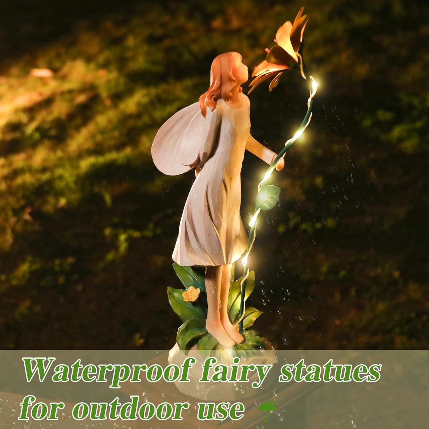 Fairy Garden Statue Outdoor Decor, Solar Powered Garden Sculptures Fairy Resin Statues Waterproof Yellow Flower Solar LED Lights Yard Art Decorations for Outside Patio Lawn Decor