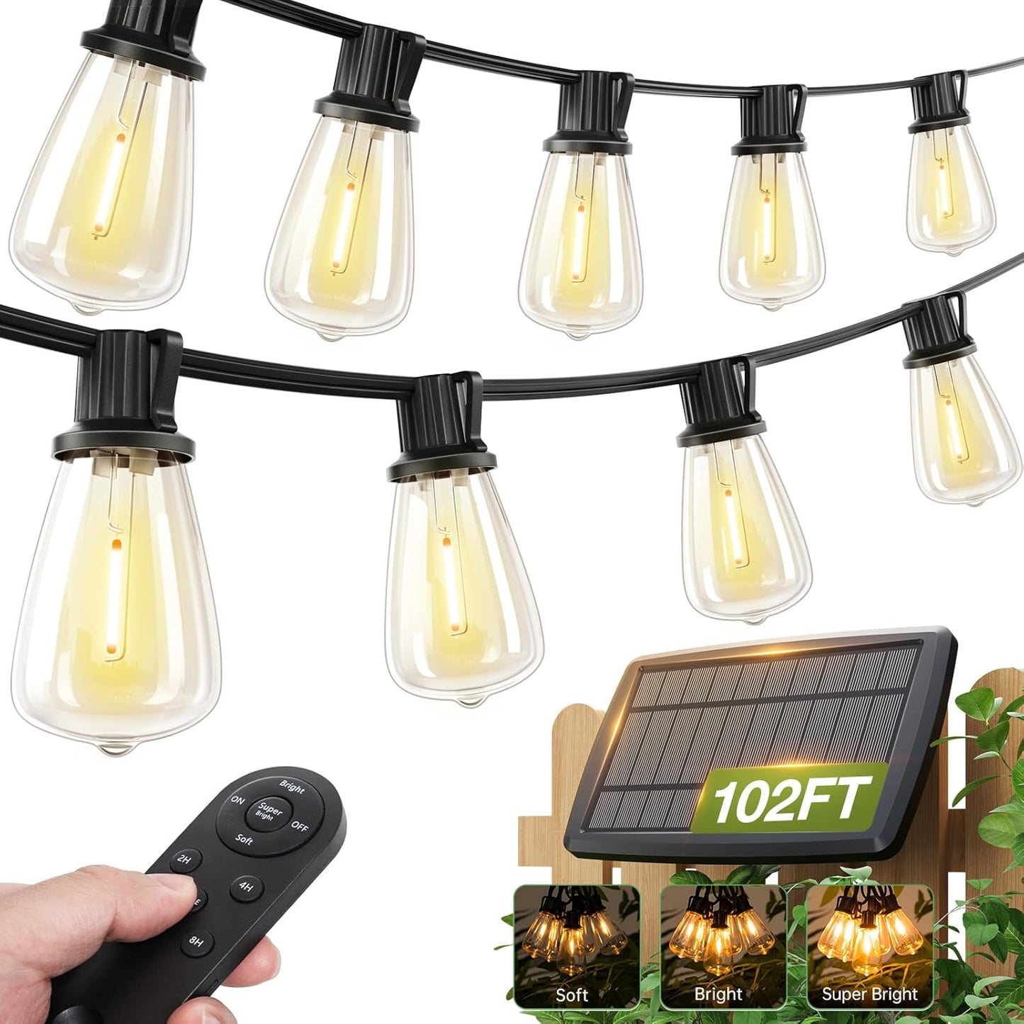 addlon 102(96+6) FT Solar String Lights Waterproof,Patio Light Solar Powered with Remote & USB Port 3 Modes, 30+2 LED Shatterproof Bulbs Outdoor Lighting for Camping Backyard Garden