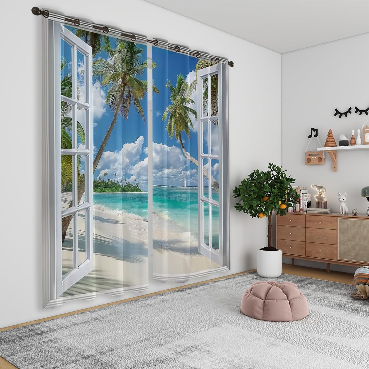 Beach Blackout Curtains for Girls Boys Teens Home Decor, Tropical Summer Scene Ocean Island Palm Tree Grommet Thermal Insulated Drapes Darkening Window Curtain for Bedroom Living Room, 42 x 63 Inch