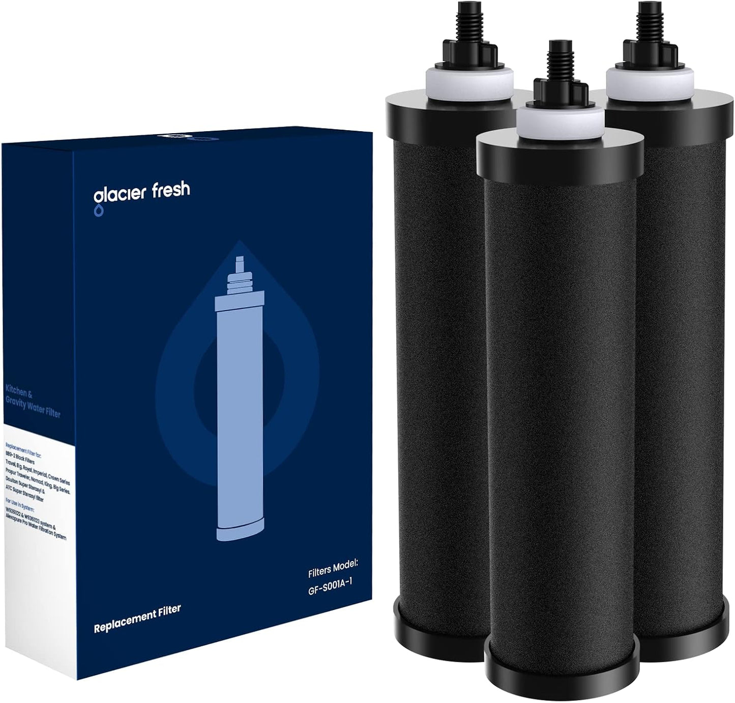 GLACIER FRESH Replacement for BB9-2 Black Purification Water Filter, Compatible with Berkey® BB9-2 Black Filters and Berkey® Gravity Water Filter System, 3 Pack