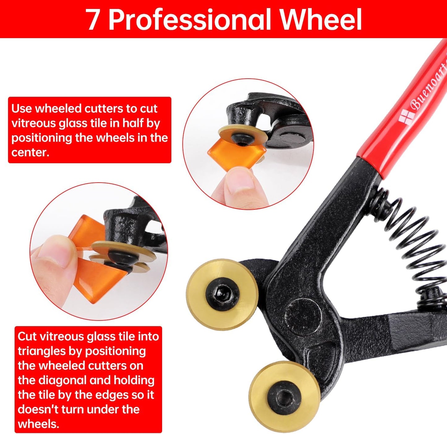 Glass Tile Nippers - Heavy Duty Wheeled Glass Mosaic Nipper & Hd Ceramic Tile Nipper, Tile Cutter Pliers Soft-grip Handle - Shapping Plier, Nipper Cutting Tools (7 Inch Golden Wheeled Glass Nipper)