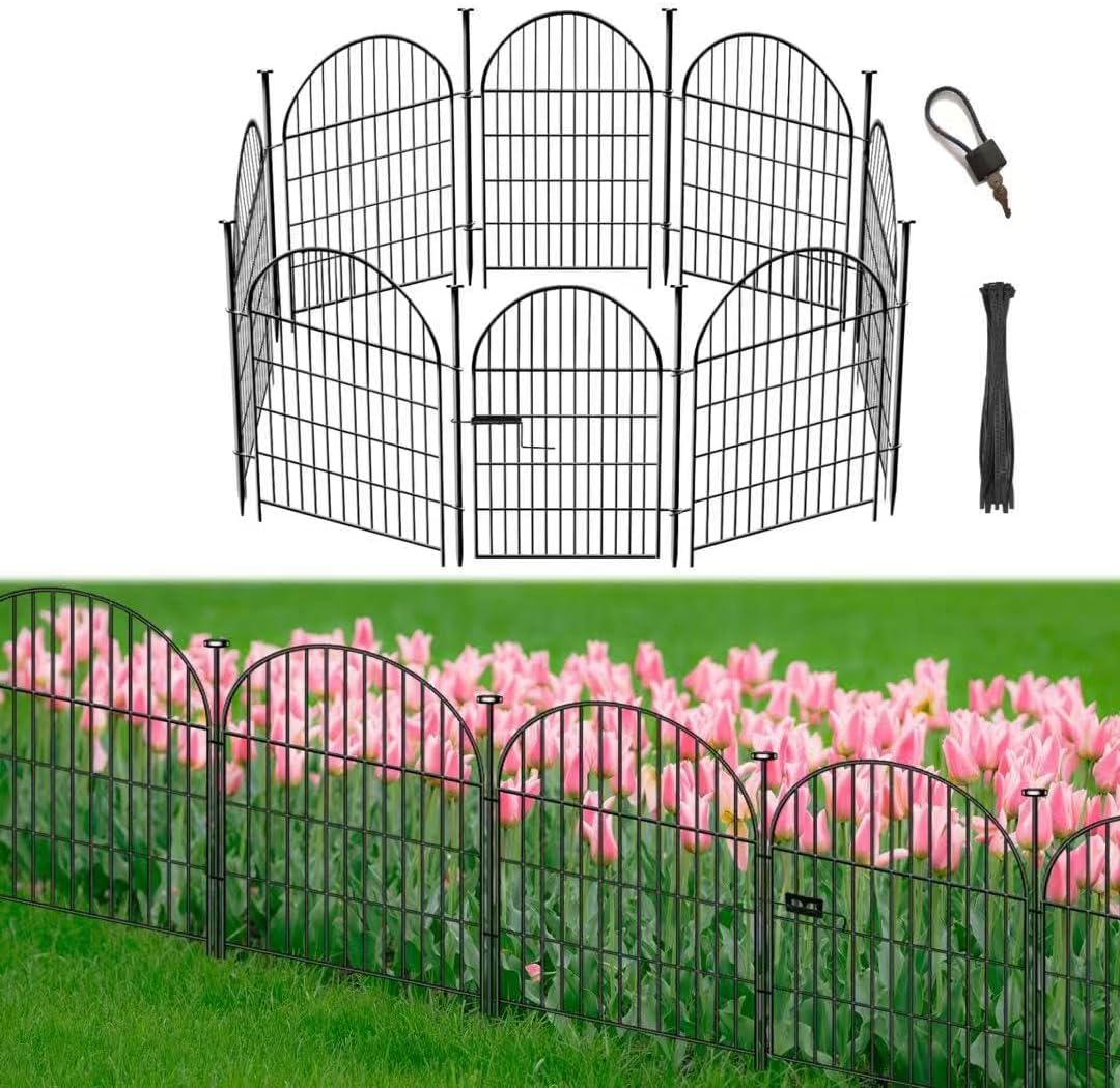 Garden Fence Border, 32 in(H) x17.5 Ft(L) 8 Panels, Tall Garden Animal Barrier Fence with Gate, Dog Fence Outdoor for Yard, Arched Rustproof Metal No Dig Fence, Flower Bed Fencing