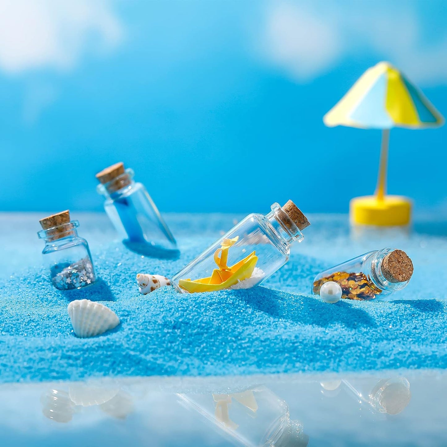 Geiserailie 45 Pcs Mini Glass Bottles with Cork Stoppers Spell Jar Clear Wishing Jars with 50 Eye Screws 3 Funnels for Wedding Party Favors DIY Art Crafts Decoration, 5 Sizes