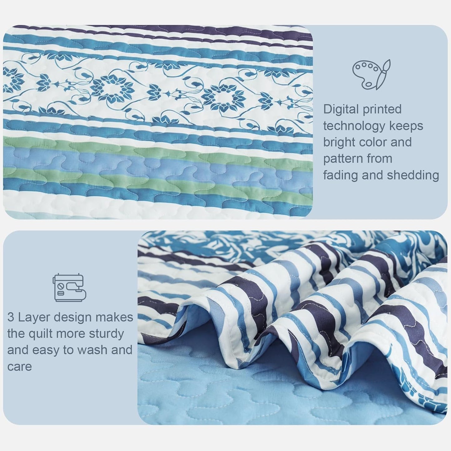 Exclusivo Mezcla Reversible Boho Quilt Set King Size, 3 Pieces Bohemian Striped Blue All Season Bedspreads, Ultra Soft Floral Coverlet Bedding Set with Printed Pattern (1 Quilt, 2 Pillow Shams)