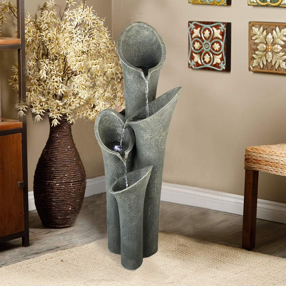 Faux Stone Patio Water Fountain 33 1/2", Bell 4-Tier Cascading Floor Fountain Indoor Outdoor Waterfall Feature with LED Lights for Home Garden Decor