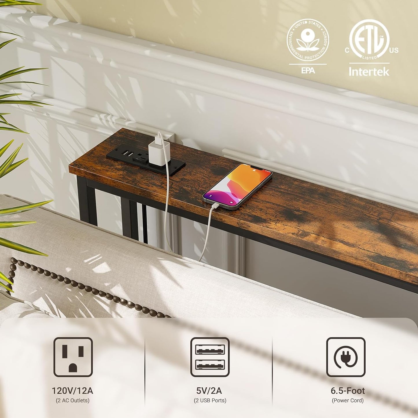 ELYKEN 2 Pack 5.9" Narrow Console Sofa Table with Power Outlets, 5.9" D x 39.4" W x 31.1" H Long Couch Table with Metal Frame and Charge Station with 6.5’ Extension Cord, Rustic Brown