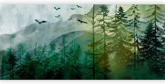 artgeist Wall Mural Peel and Stick Natura 212x98 in - XXL Self-Adhesive Corner Wallpaper Removable Large Sticker Foil Angle Wallpaper Mountains Forest Birds Clouds c-A-10017-a-b
