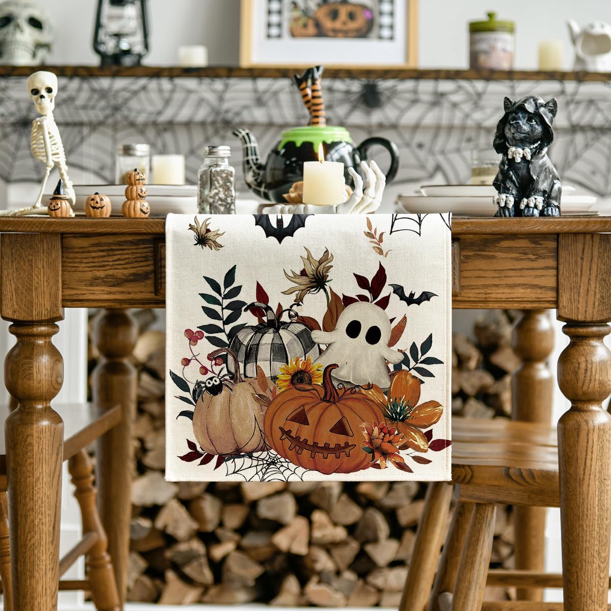 Artoid Mode Pumpkin Ghost Leaves Spider Web 210 GSM Halloween Table Runner, Spooky Kitchen Dining Table Decoration for Home Party Decor 13x60 Inch