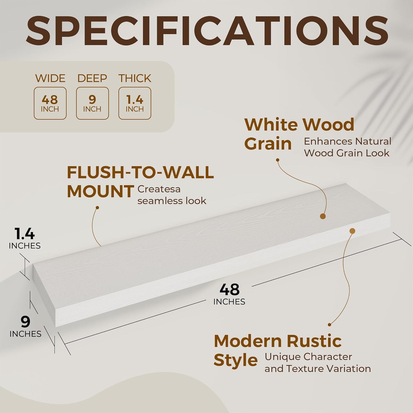 48 inch Floating Shelves for Wall Large Wall Mounted Shelves with Invisible Brackets, White Long Shelves for Bathroom, Living Room, Kitchen, Office, 48x9.1 inch deep Set of 2