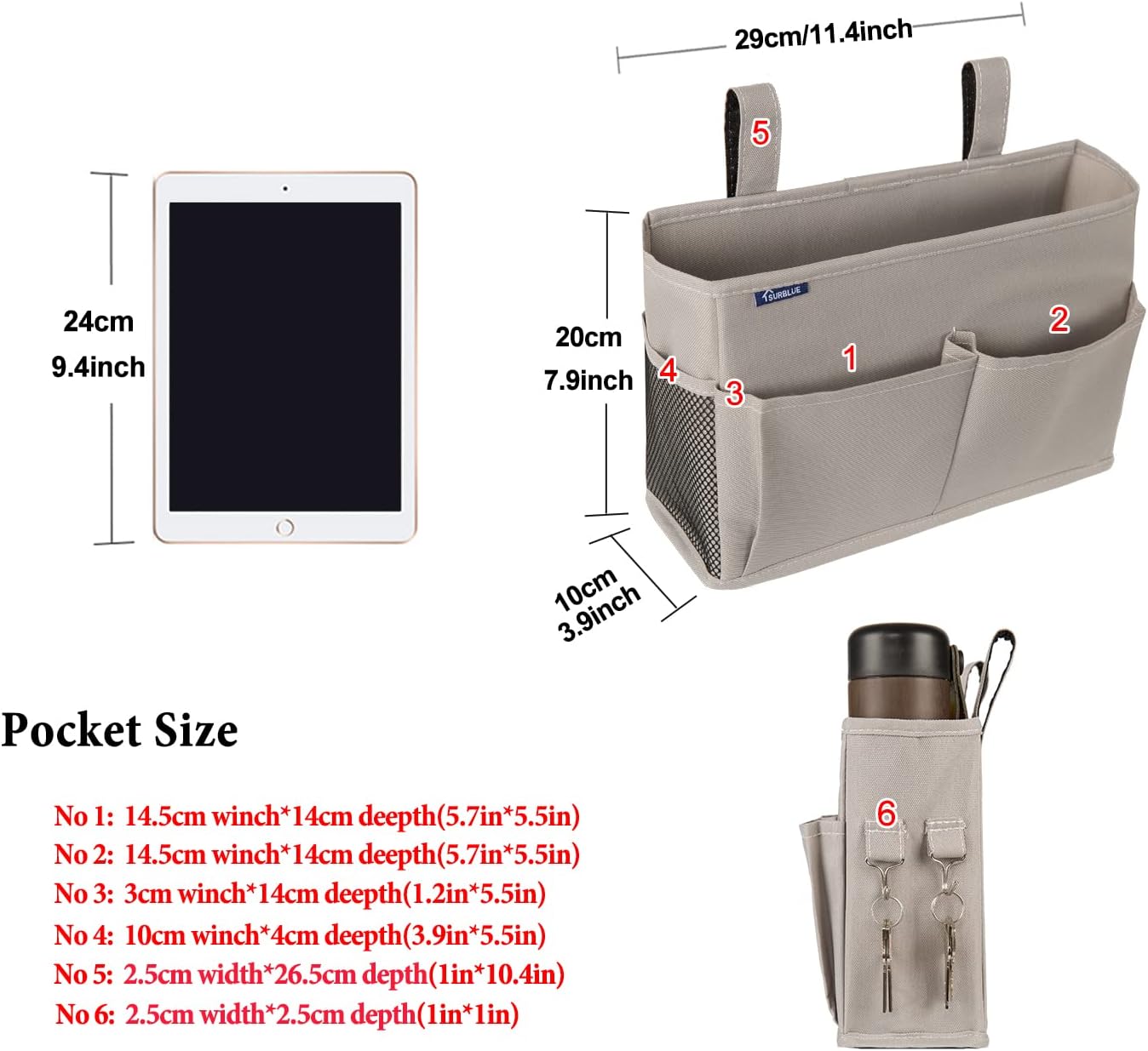 Surblue Bedside Caddy Hanging Bed Organizer Storage Bag Pocket for Bunk and Hospital Beds, College Dorm Rooms Baby Bed Rails,Camp 4 Pockets and 2 Hooks (Gray)