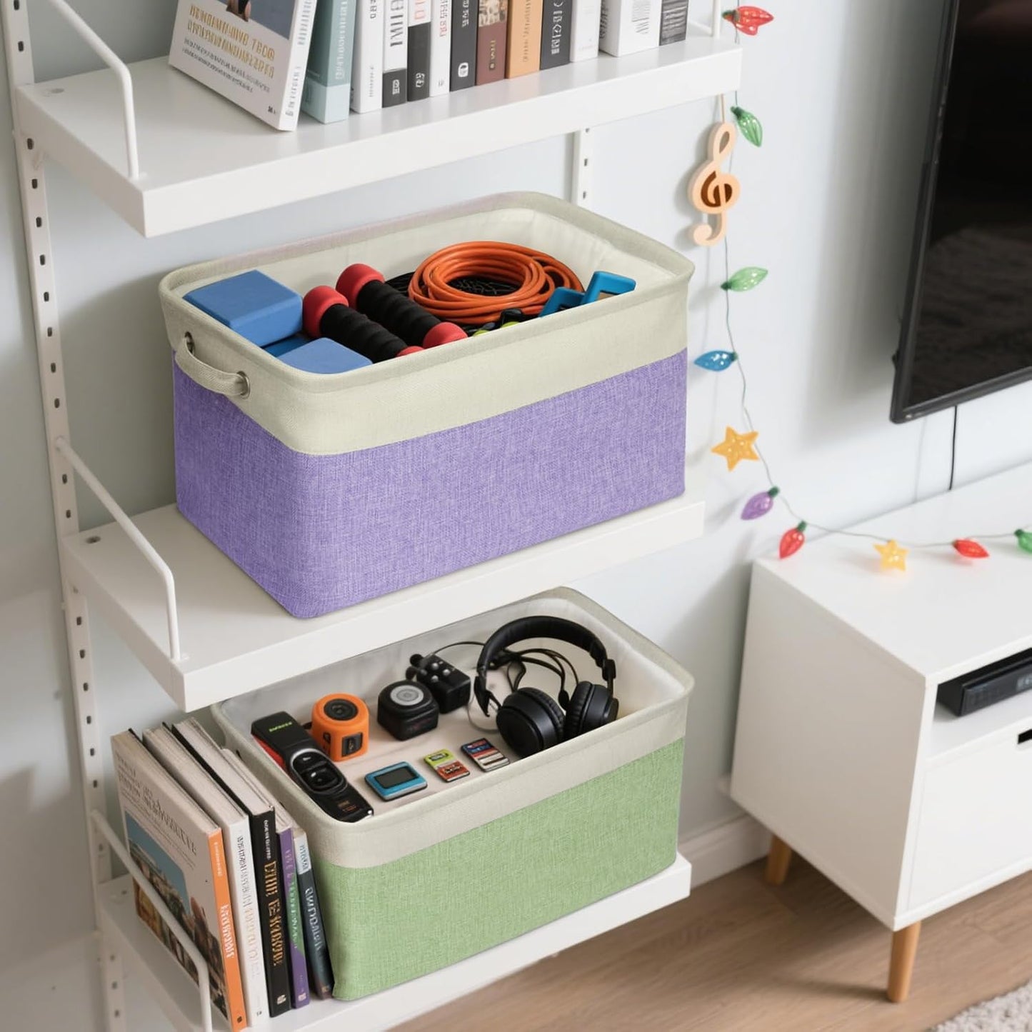 BALEINE 3 Pack Fabric Storage Bins for Shelves, Linen Storage Baskets for Organizing, Decorative Closet Bins for Clothes, Home (Green, 15''x11''x9.5'')