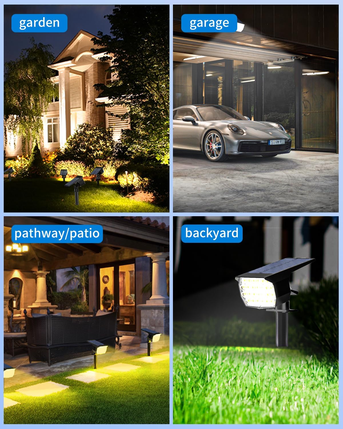 3 Colors Solar Lights Outdoor Waterproof IP65 Outdoor Spot Lights for Yard 52 LEDs 600LM Solar Powered Landscape Spotlights Solar Security Wall Lights for Garden Pathway Outside- 2 Pack