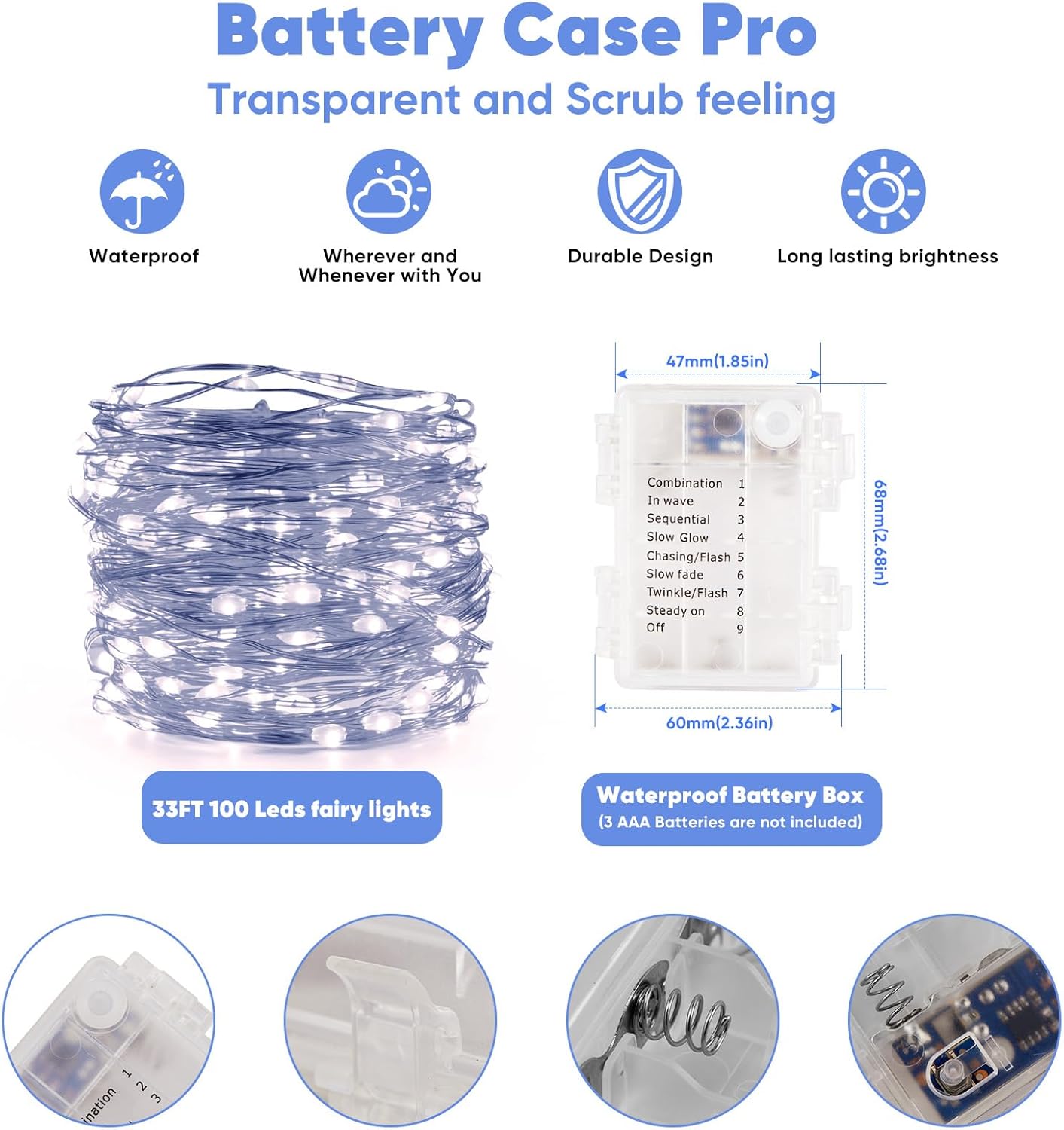 2 Pack 32.8 Ft. Battery Operated Outdoor String Lights with Remote & Timer, LED Cool Whit Fairy Lights, Waterproof Twinkle Lights for Bedroom, Dorm, Mason Jar, Wedding, Party, Christmas