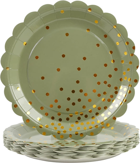 50PCS Sage Green Paper Plates, 7 Inch Scalloped Green and Gold Party Plates Disposable Foil Polka Dots Dessert Plate Cake Plate for Birthday, Baby Shower, Wedding, Bridal Shower St Patricks