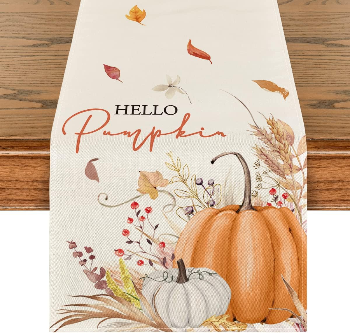 Artoid Mode Hello Pumpkin Flowers Leaves Thanksgiving Table Runner, Seasonal Fall Harvest Vintage Kitchen Dining Table Decoration for Indoor Outdoor Home Party Decor 13 x 48 Inch
