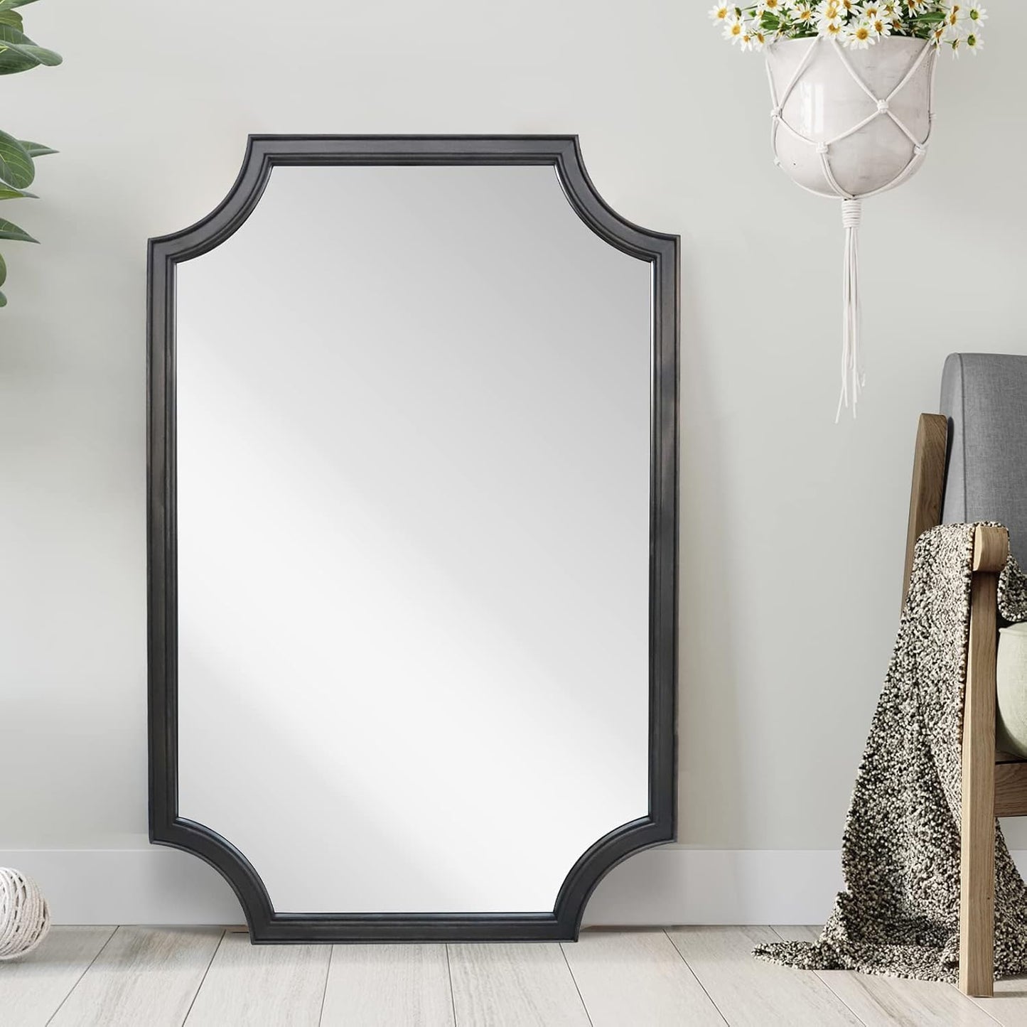 WallBeyond 24" x 36" Full Scalloped Corners Arch Rectangle Wall Mirror with Wood Frame for Entryway, Living Room or Bedroom Home Decor - Light Woodgrain [24" x 36" Black]