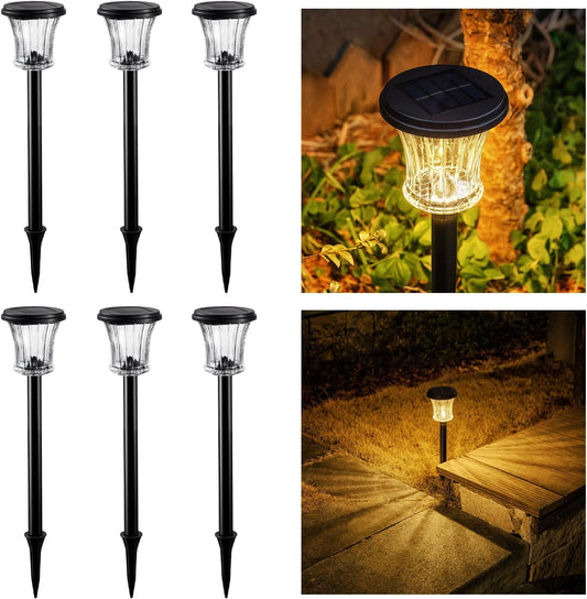 Glass Solar Pathway Lights Outdoor Waterproof, Decor Landscape Lighting with Modular Design, 3000K LED, Auto On/Off Solar Stake Light for Yard Garden Driveway Walkway Lawn, Warm White (6 Pack)