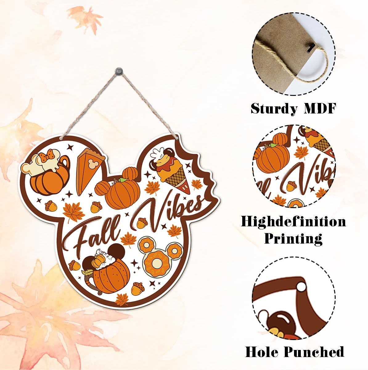 Fall Vibes Door Hanger, Fall Mouse Welcome Door Sign, Wooden Maple Leaves Mushroom Hanging Decor for Front Door, Fall Wood Wreath Wall Decors for Autumn Harvest Thanksgiving Home Decor