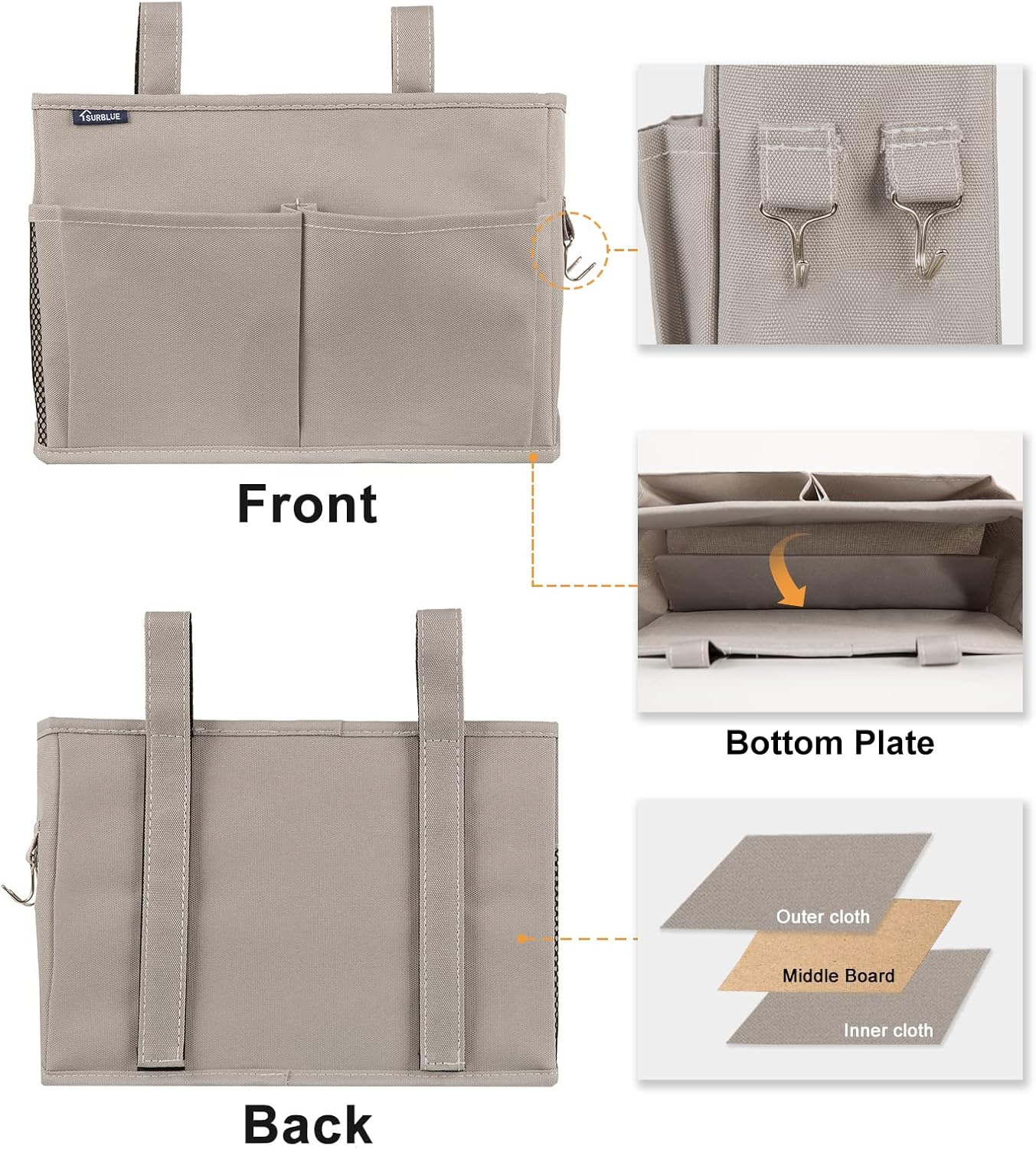 Surblue Bedside Caddy Hanging Bed Organizer Storage Bag Pocket for Bunk and Hospital Beds, College Dorm Rooms Baby Bed Rails,Camp 4 Pockets and 2 Hooks (Gray)