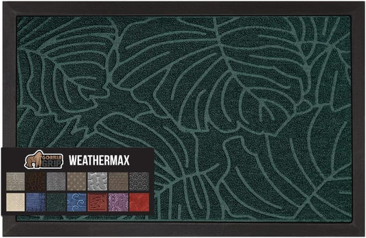 GORILLA GRIP 100% Waterproof All-Season WeatherMax Doormat, 60x24, US Designed Natural Rubber, Stain and Fade Resistant, Low Profile Indoor Outdoor Door Mats, Easy Clean Patio Mat, Green Palm