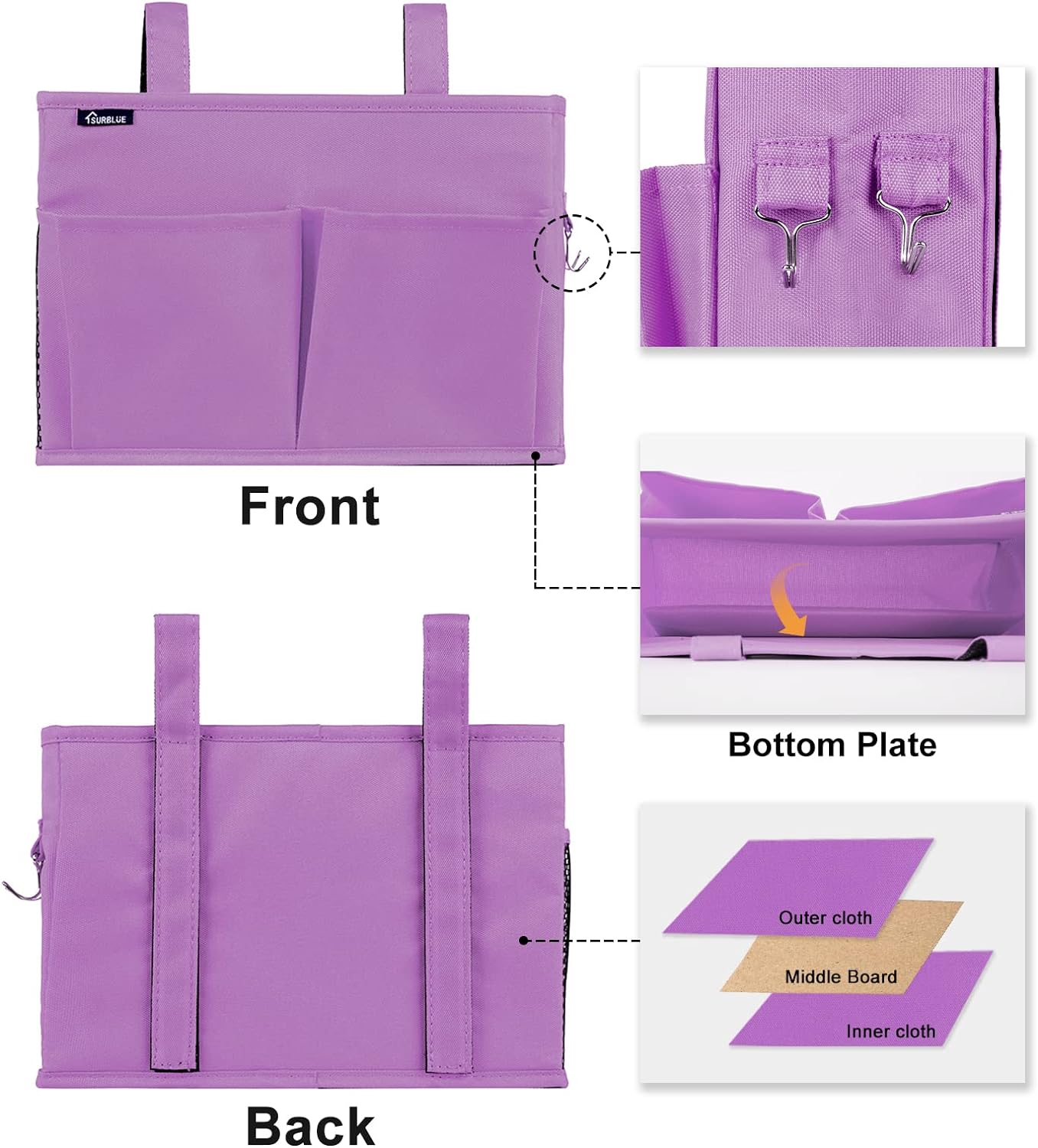 Surblue Caddy Hanging Organizer Bedside Storage Bag for Bunk and Hospital Beds, Purple, Small
