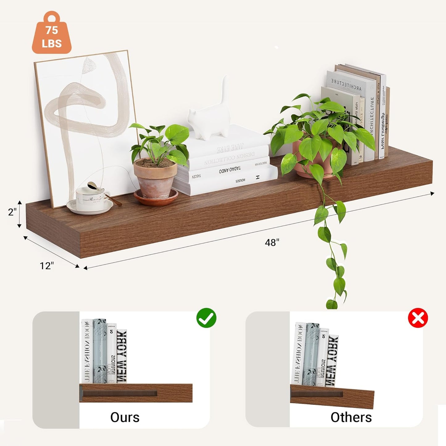 Heimlove 12 Inch Deep Floating Shelves, 48 x 12 inches Long Wall Shelf, Rustic Wood Wall Shelves for Fireplace Mantel, Set of 1 (Walnut)