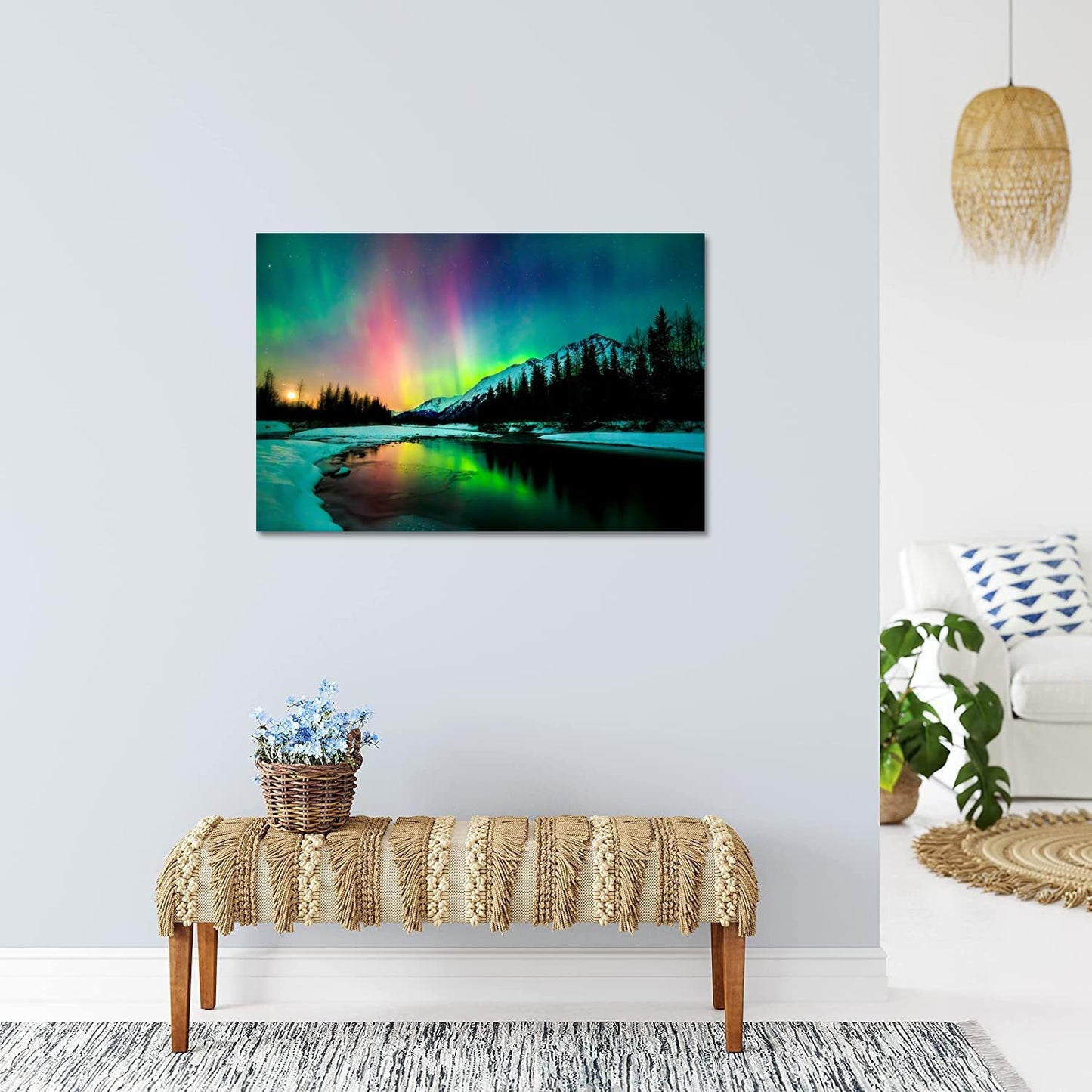 Aurora Borealis Canvas Wall Art Northern Lights Canvas Print Painting for Living Room Snowy-Mountains-Landscape Poster Picture Wooden Framed Prints Ready to Hang(28.00"x44.00")