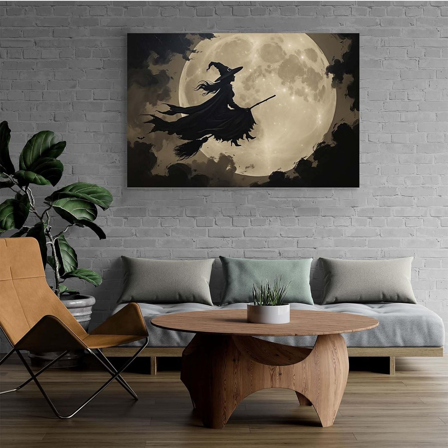 Full moon witch silhouette poster witch on magic broom Halloween mural poster decorative mural art suitable for home living room bedroom20x30in Wood Framed