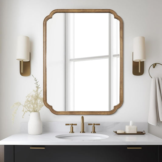 WallBeyond 30" x 40" Rounded Corner Arch Wall Mirror with Wood Frame for Entryway, Living Room or Bedroom Home Decor - Light Woodgrain, Honey-Colored