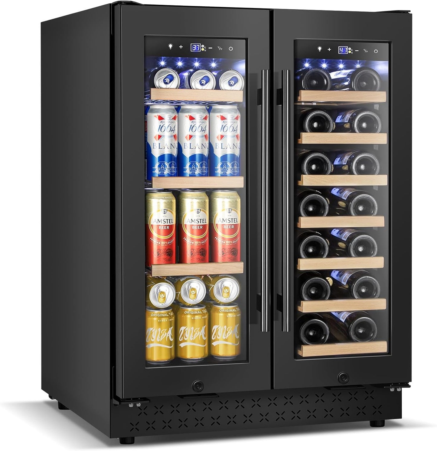 Wine and Beverage Refrigerator with Glass Door, 24-Inch Dual Zone Wine Fridge Under-Counter,4.6 Cu.Ft. 65 Cans and 20 Bottles Wine Cooler,Built-in or Freestanding Wine and Drink Fridge with Blue Light