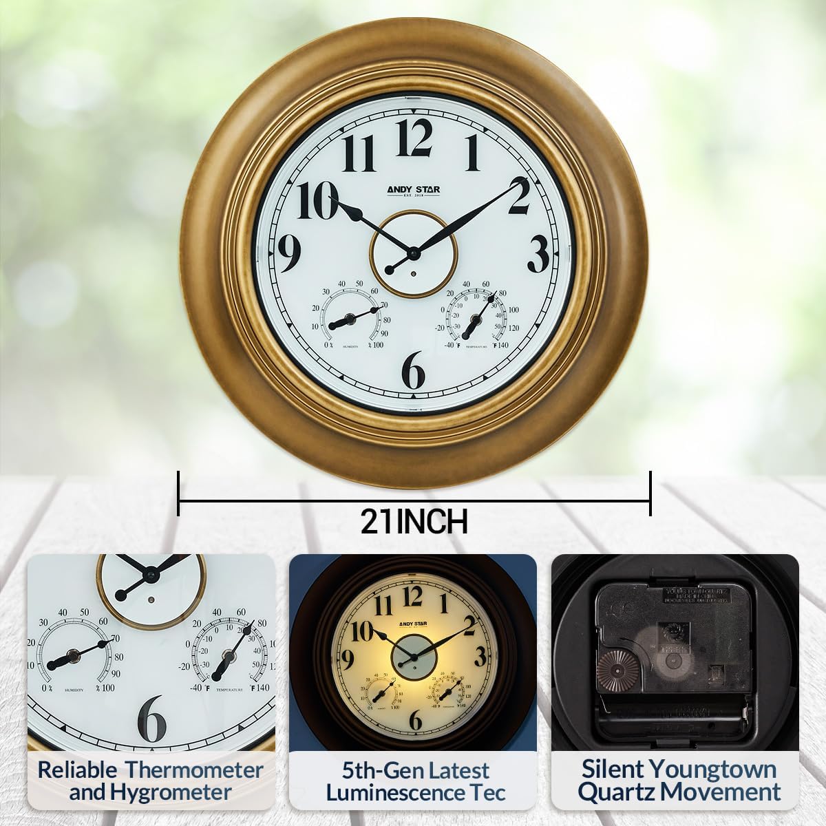 ANDY STAR 21 Inch Outdoor Clocks Waterproof, Large Outdoor Wall Clocks for Patio with Thermometer, Weatherproof Illuminated Clock Battery Operated with Thermometer&Hygrometer, Gold Metal Finish