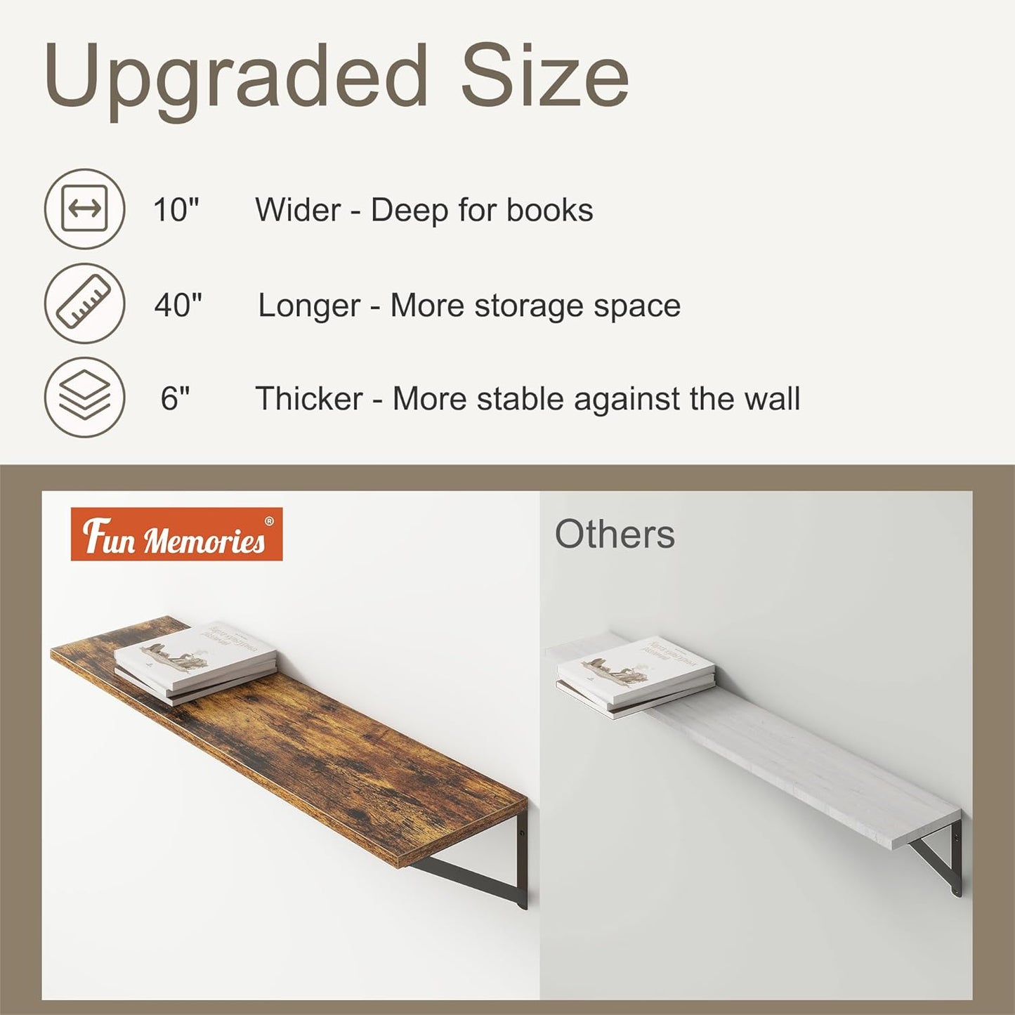 Fun Memories 40 Inch Floating Shelves, 10 Inch Deep Wall Shelf, 40 x 10 Floating Shelf Set of 2, Wood Floating Shelf Wall Mounted, Large Kitchen Living Room Bedroom Storage Shelves, Rustic Brown