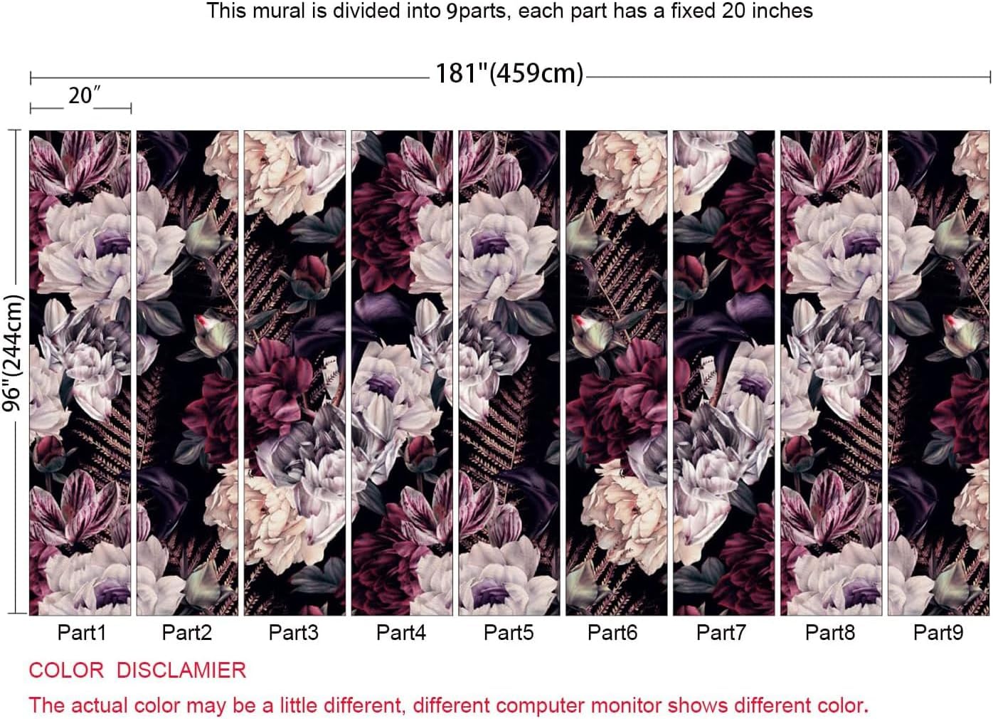 Floral Wallpaper Watercolor Dark Peony Flowers Mural Wallpaper for Bedroom Living Room (Not Peel n' Stick)