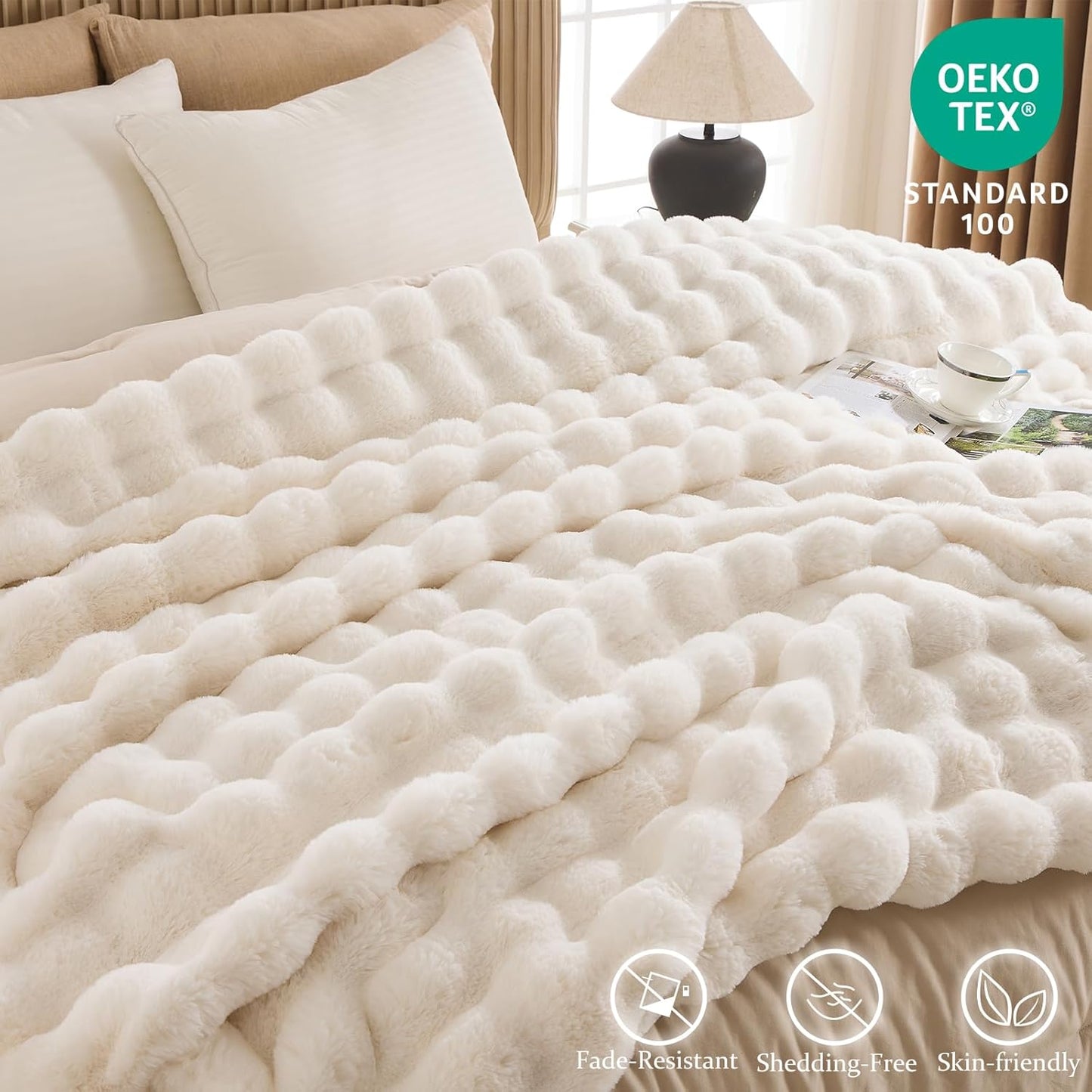 Cozy Faux Fur Throw Blanket for Bed-Warm Fuzzy Throw Blanket, Soft Plush Thick Bubble Blankets for Bedroom and Living Room, Furry Luxury Blanket, 60 x 80, Cream