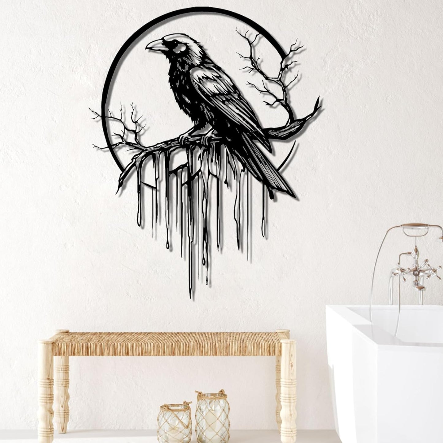 Crow Metal Wall Decor, Raven Wall Art, Large Gothic Raven Decor Hangings, Bird Wall Decor, Metal Tree Branch Decor, Ravens Sign, Raven Art for Living Room (White, 28"x22" |70x56cm, metal wall art)